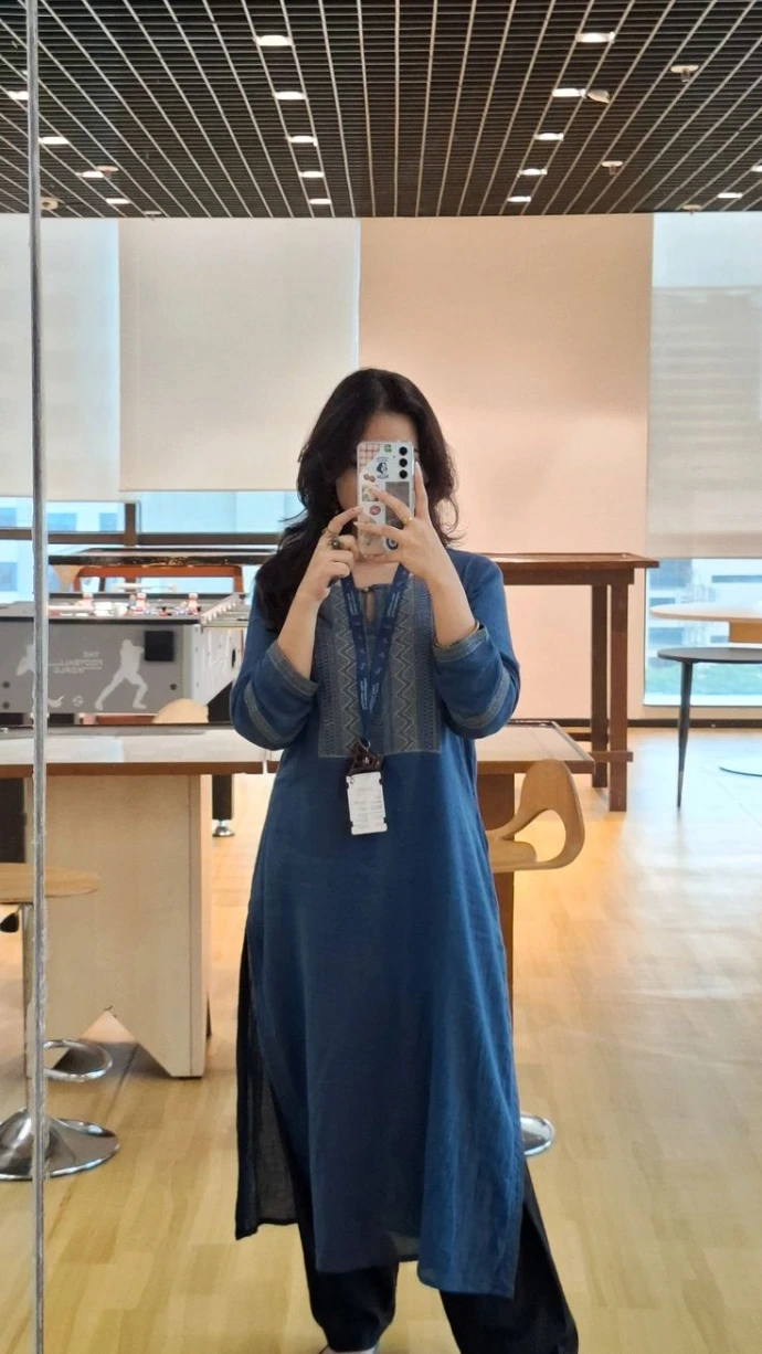 woman wearing blue kurta set for daily office wear styling