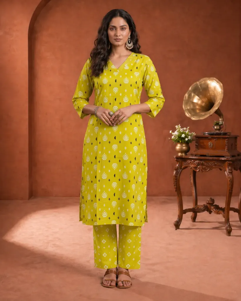Vrikaa Mustard Yellow Ethnic Printed Cotton Kurta Set | Elira