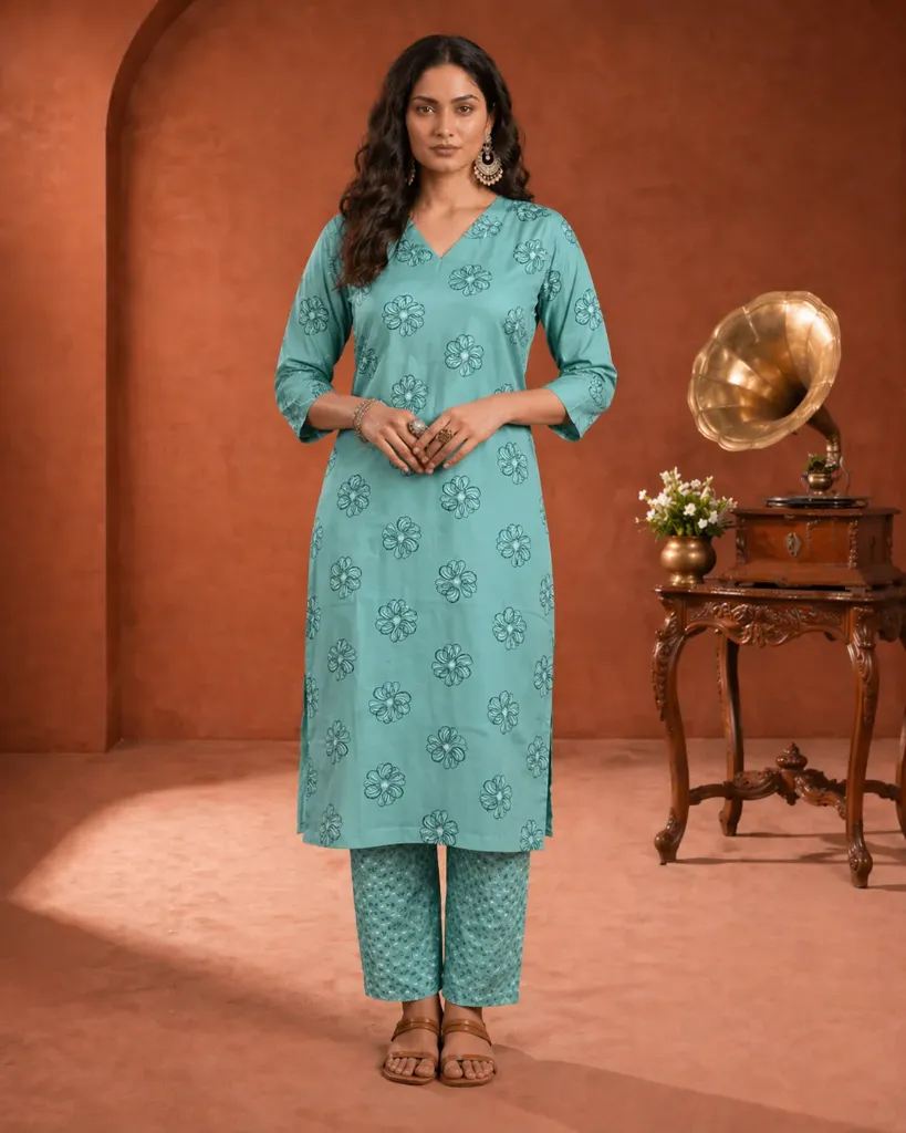 [VK26-ELIRA-D02-07-S] Vrikaa Sea Green Floral Printed Cotton Kurta Set | Elira (S)