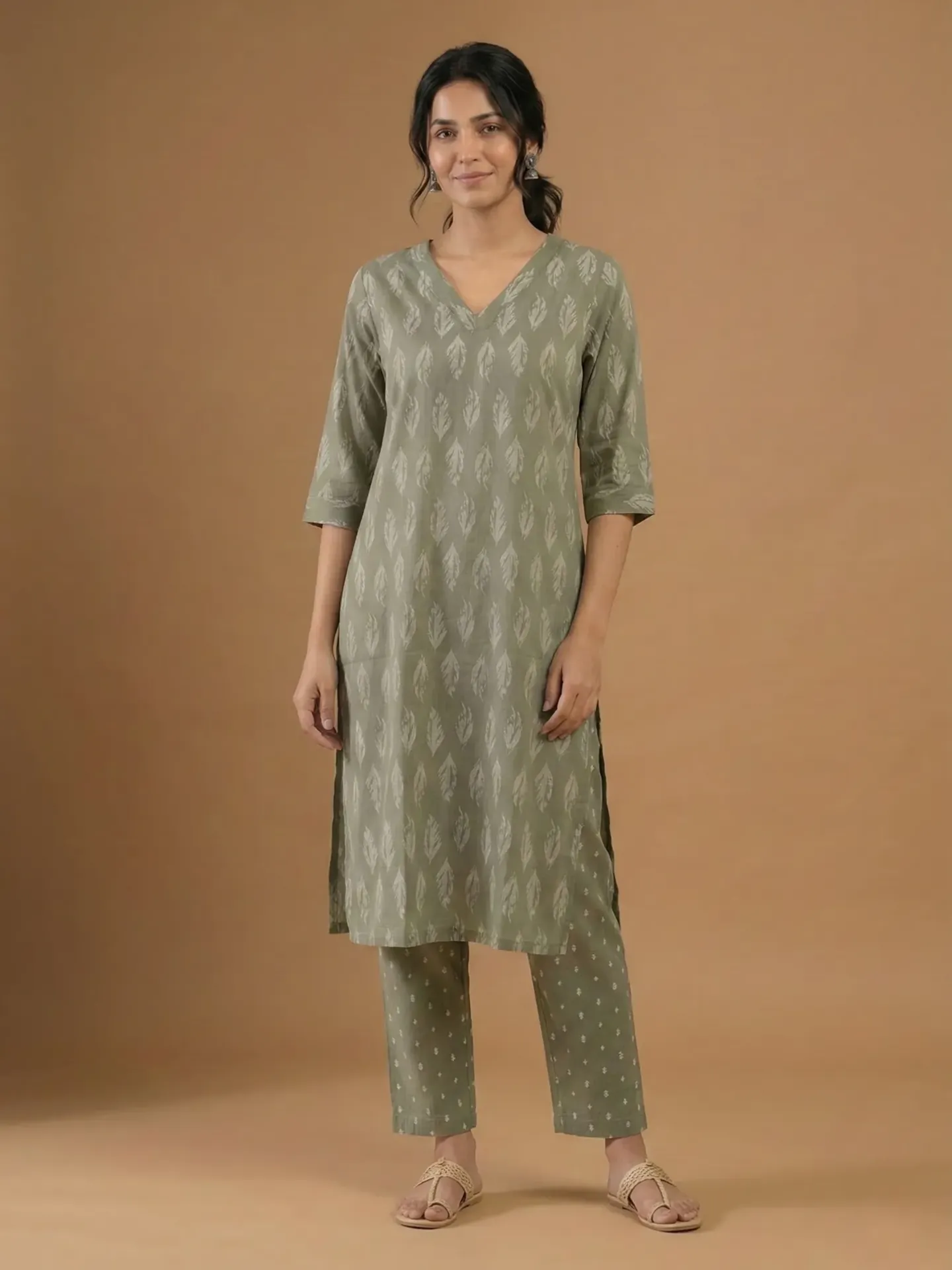 [VK26-ELIRA-D02-04-S] Vrikaa Olive Leaf Printed Cotton Kurta Set | Elira (S)