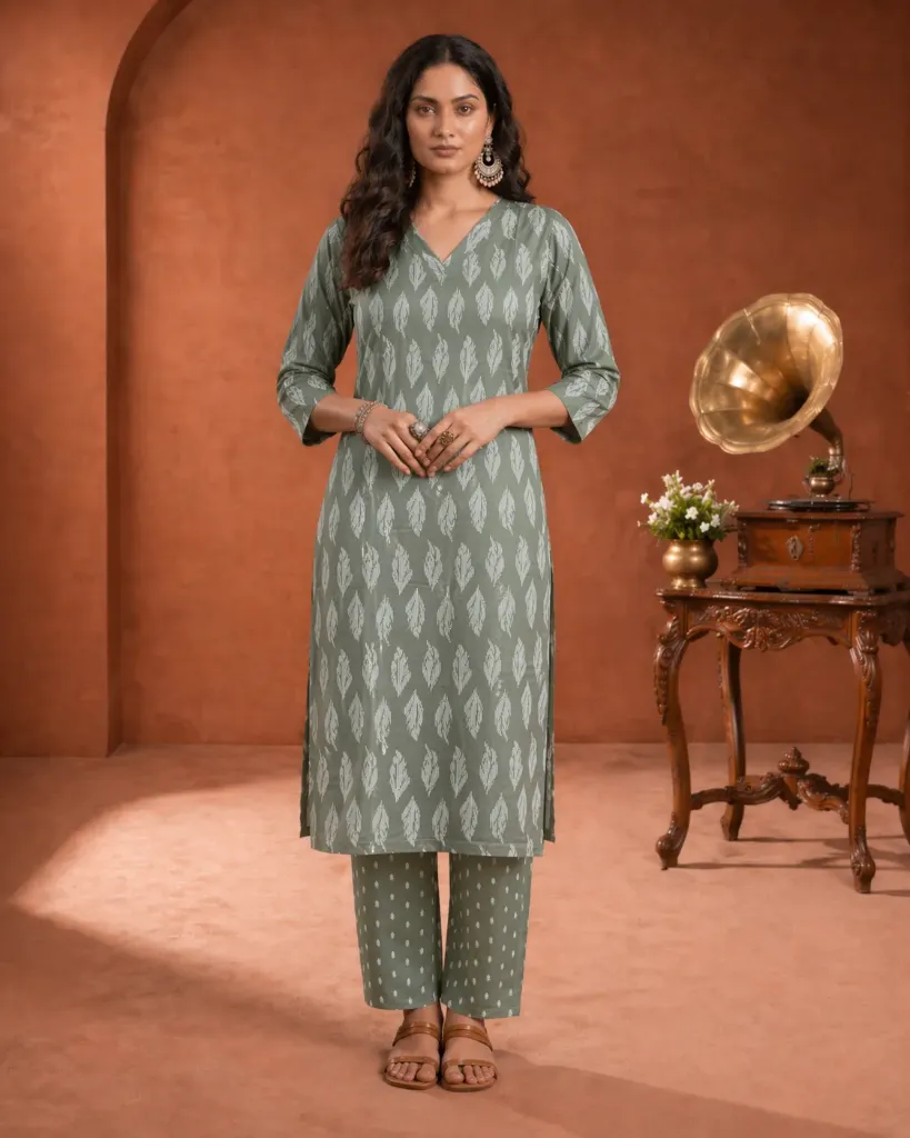 [VK26-ELIRA-D02-04-S] Vrikaa Olive Leaf Printed Cotton Kurta Set | Elira (S)