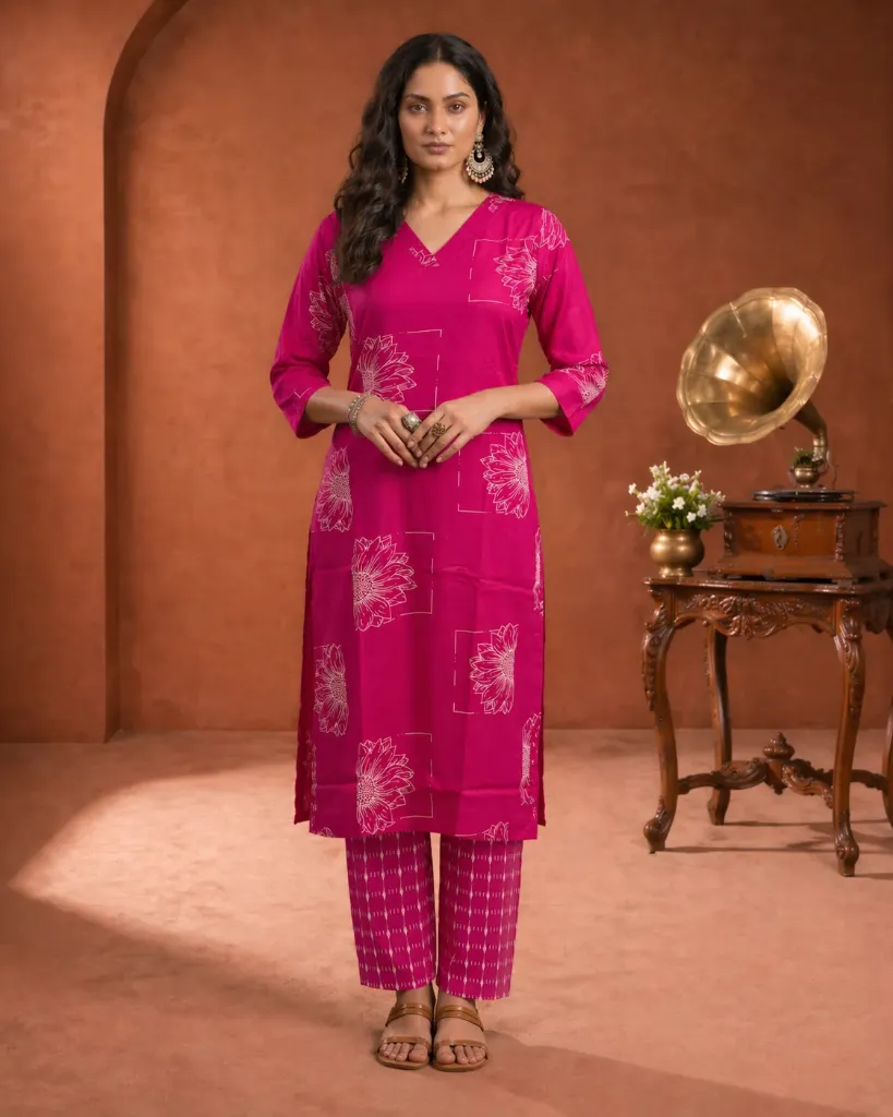[VK26-ELIRA-D02-02-S] Vrikaa Rani Pink Floral Printed Cotton Kurta Set | Elira (S)