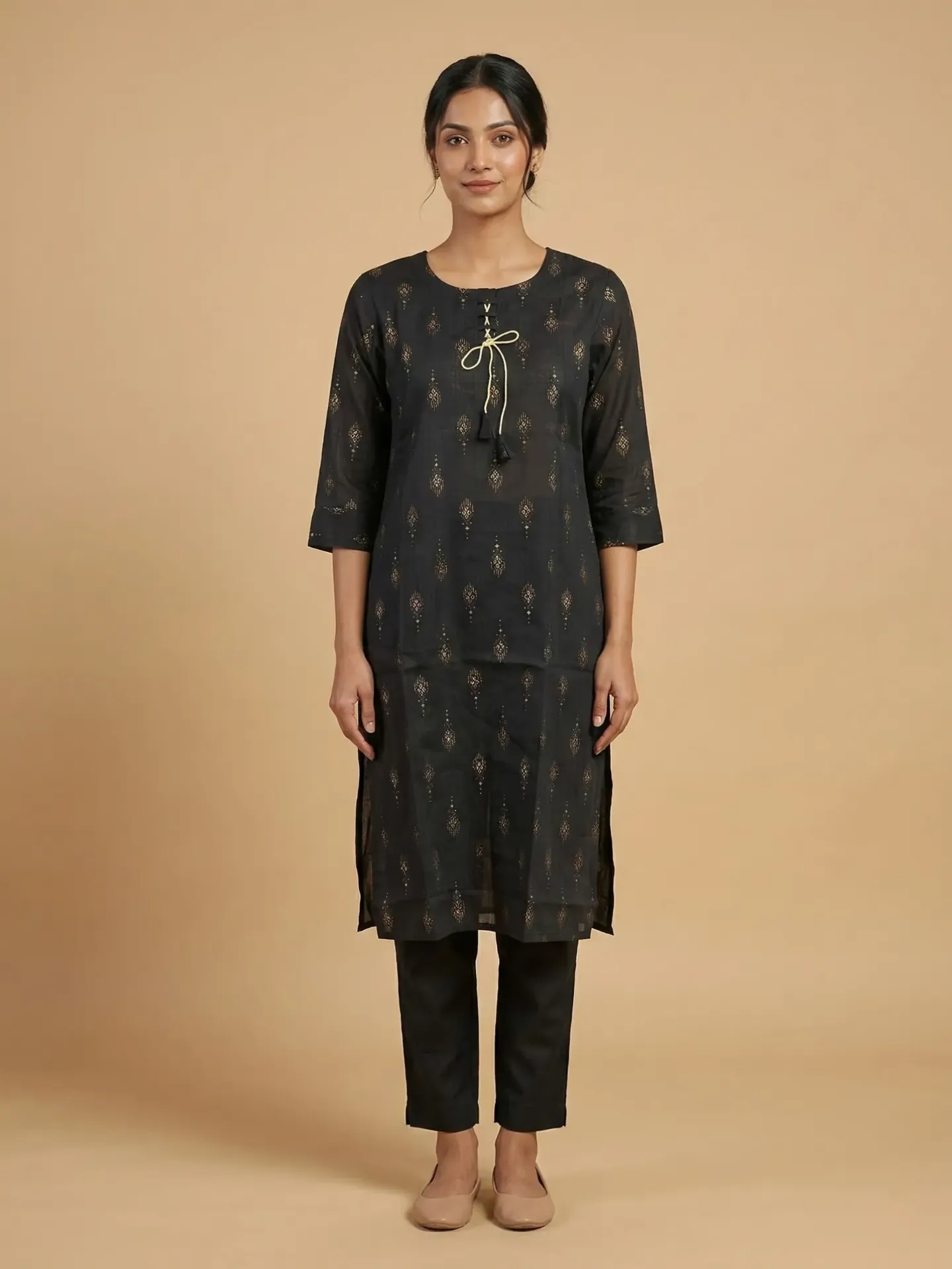 Vrikaa Black Foil Printed Kurta Set with Tie-Up Neck | Ziva
