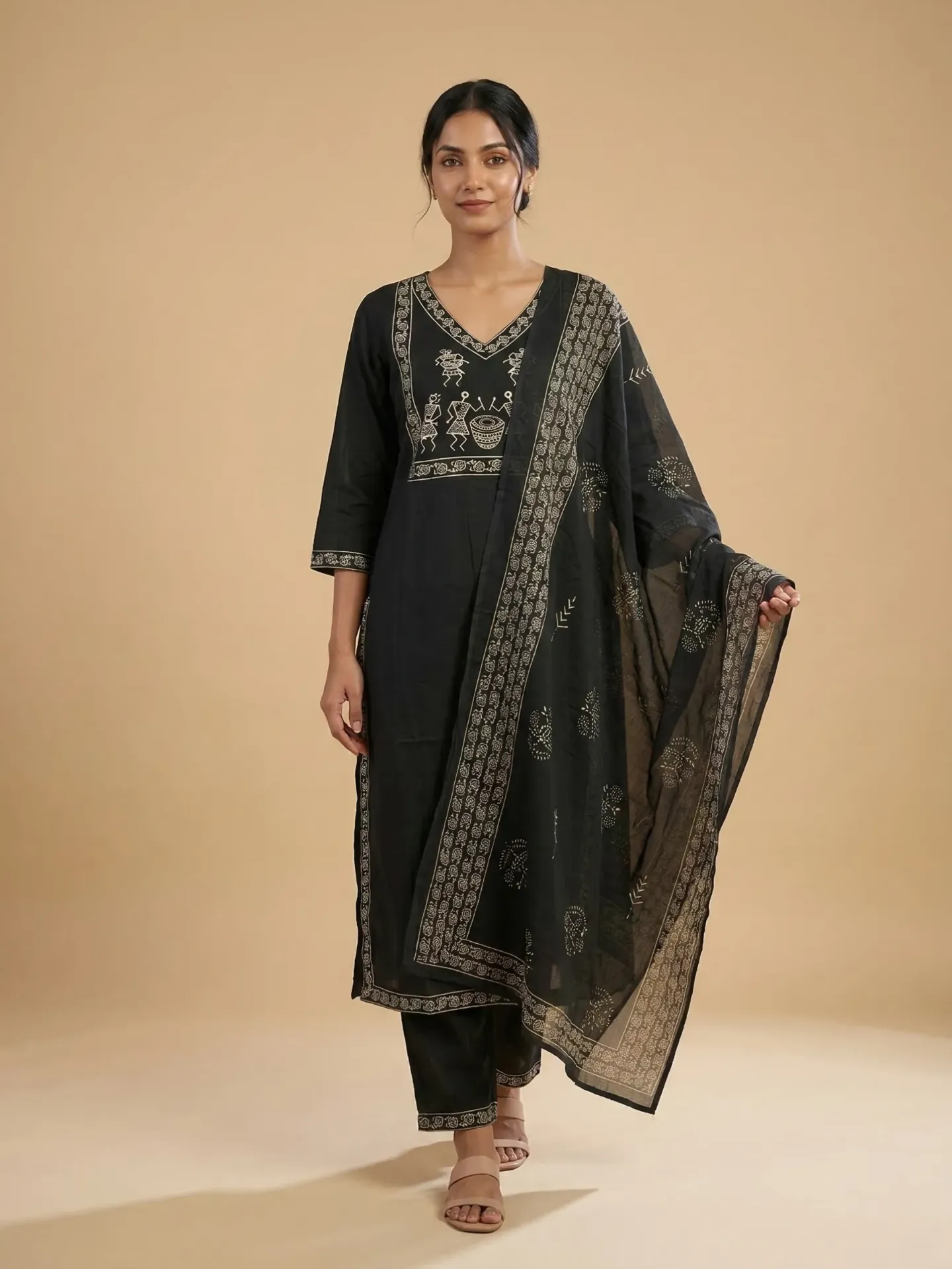[VK26-VAREYA-D06-02-M] Vrikaa Black Tribal Printed Kurta Set with Dupatta | Vareya (M)