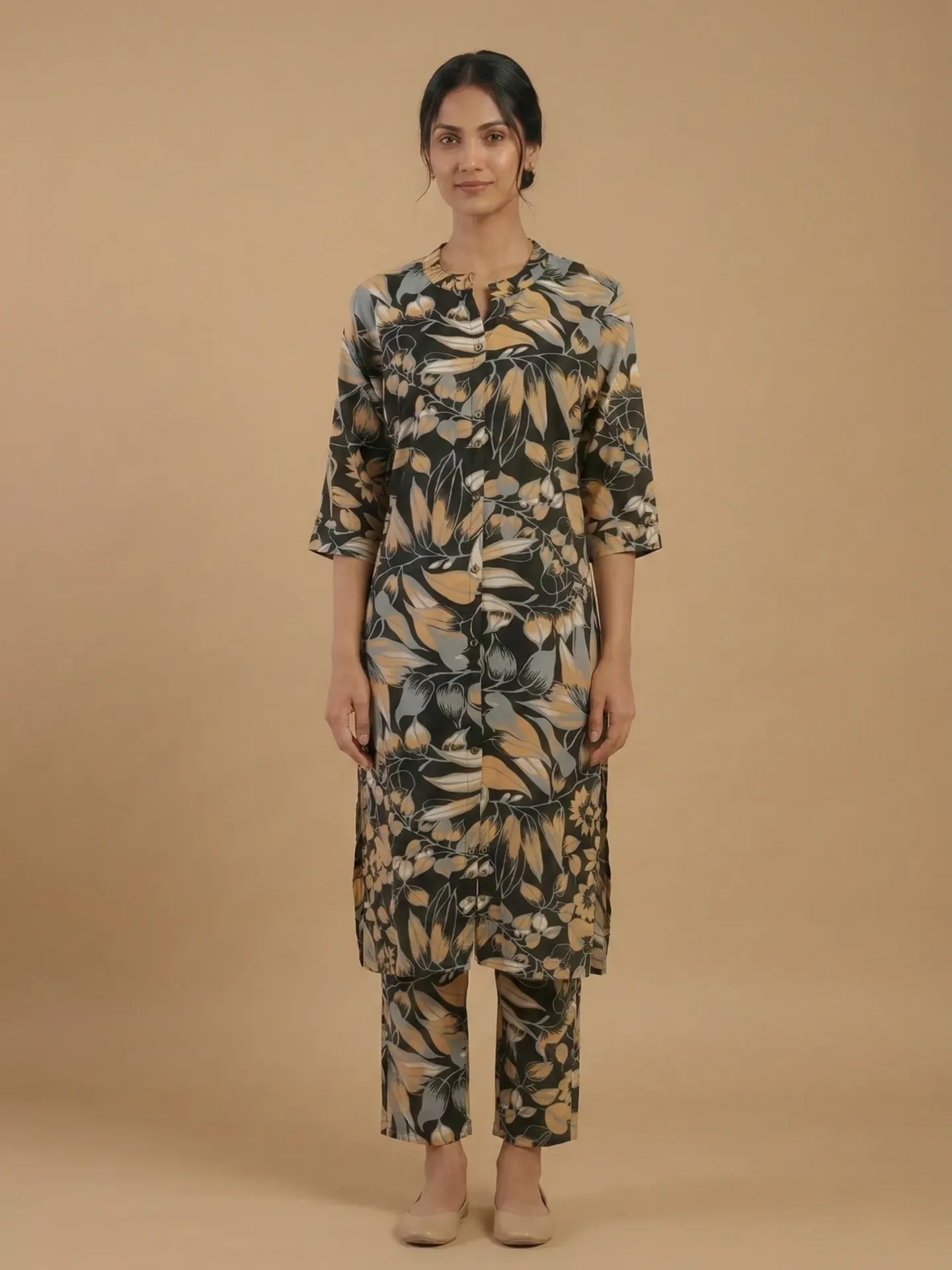 [VK26-KYRA-D01-02-M] Vrikaa Black Mustard Floral Printed Co-ord Set | Kyra (M)
