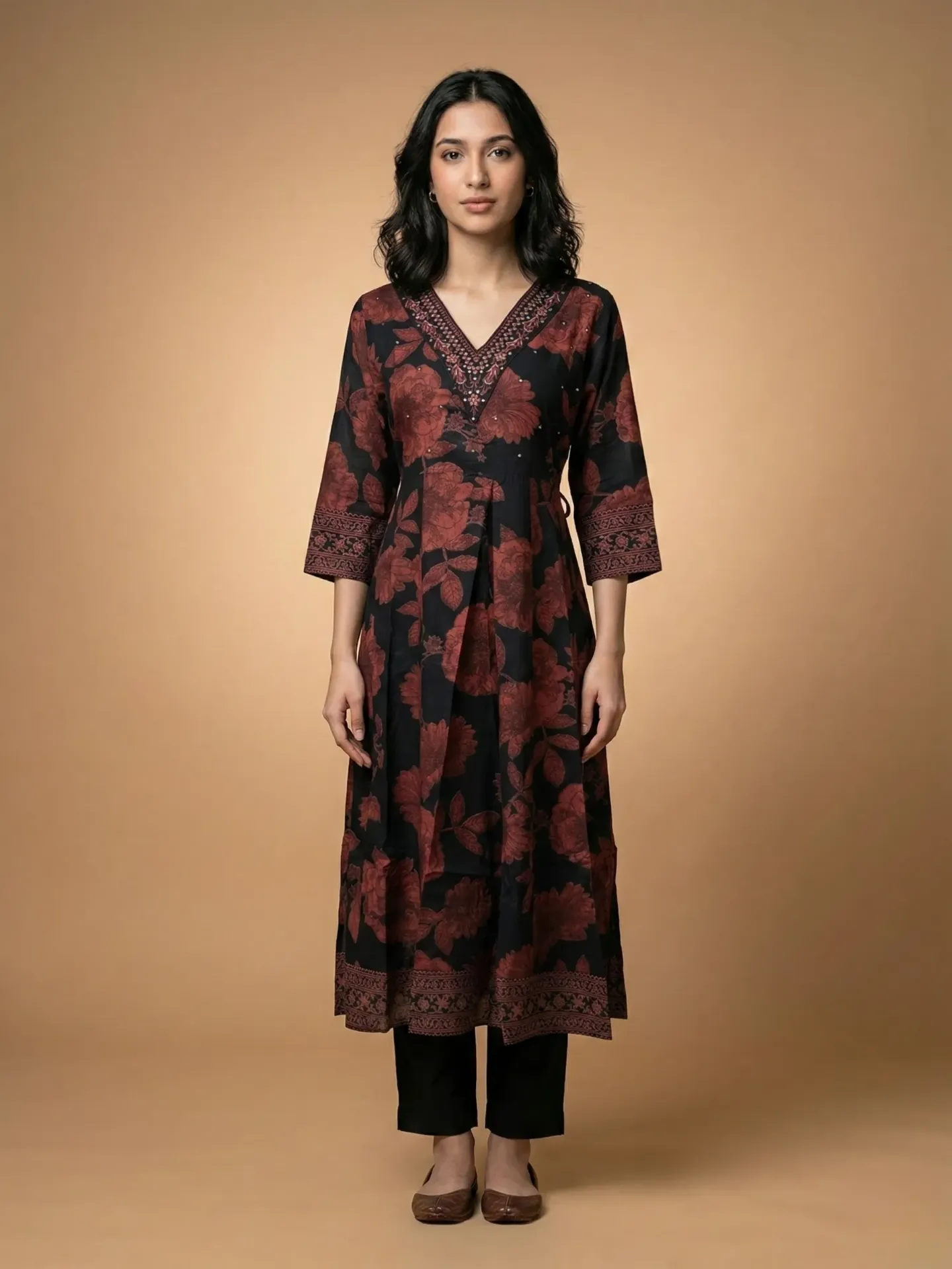 Vrikaa Black Rust Floral Printed Anarkali Kurta | Shikha