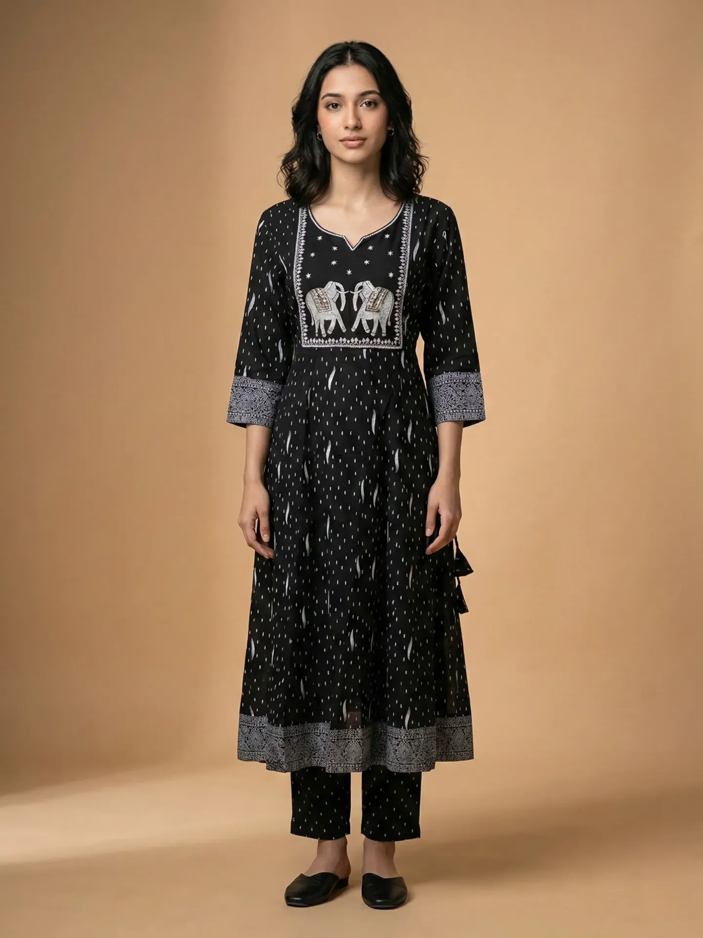 [VK26-SHIKHA-D07-02-M] Vrikaa Black Ethnic Elephant Printed Anarkali Kurta | Shikha (M)