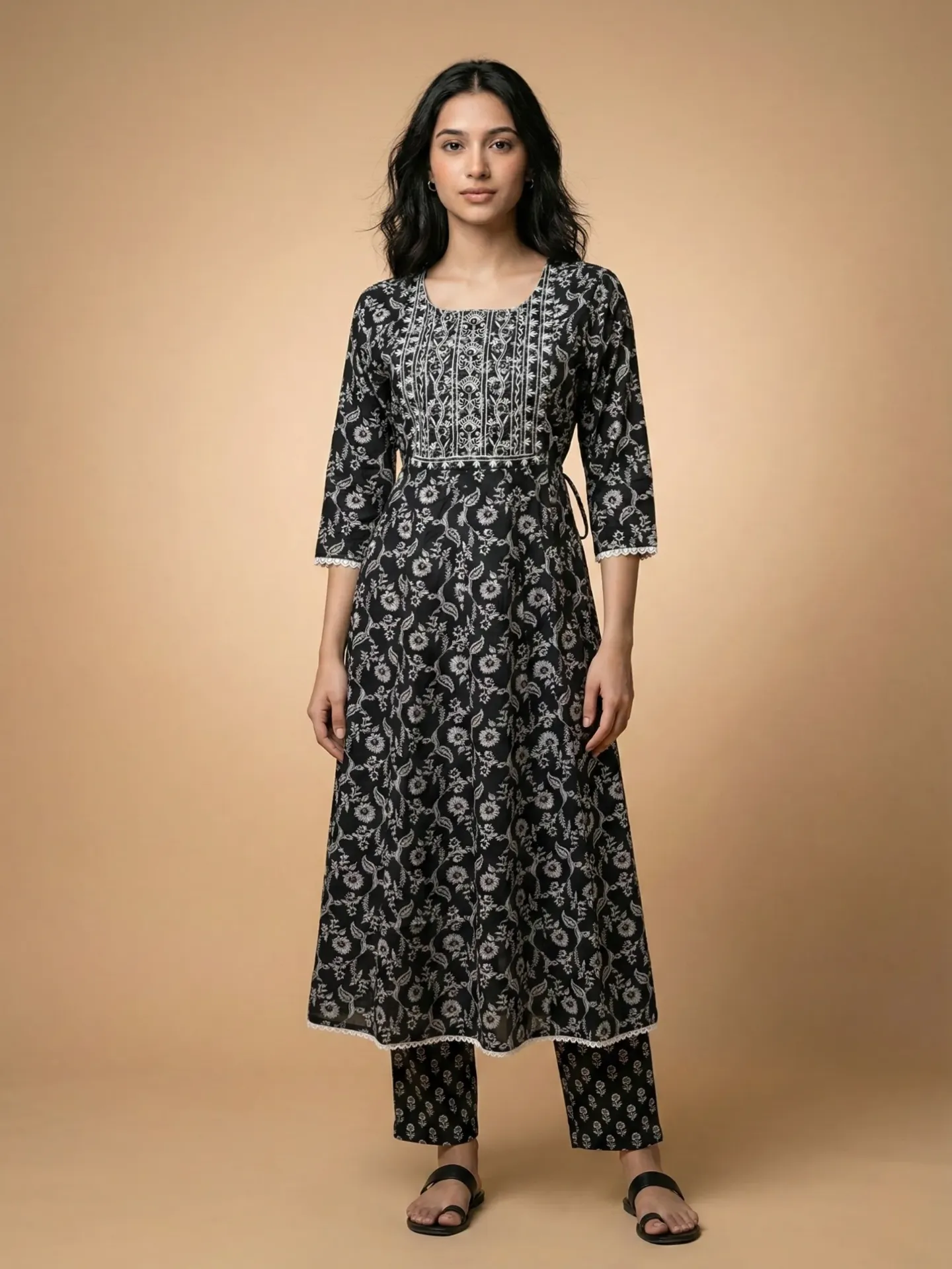 [VK26-SHIKHA-D07-03-M] Vrikaa Black Floral Printed Anarkali Kurta | Shikha (M)