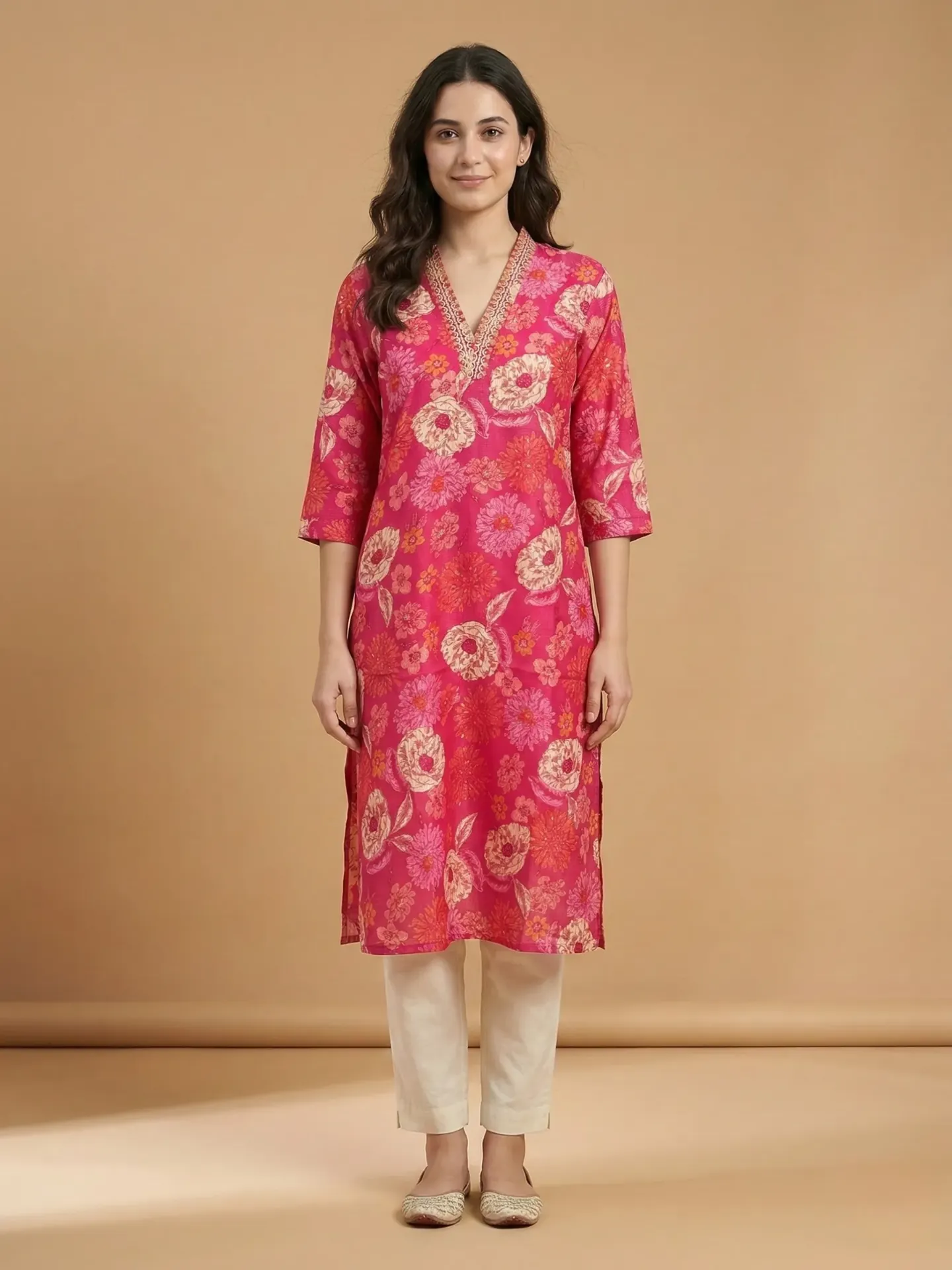 [VK26-LILA-D08-01-S] Vrikaa Hot Pink Floral Printed Straight Kurta | Lila (S)