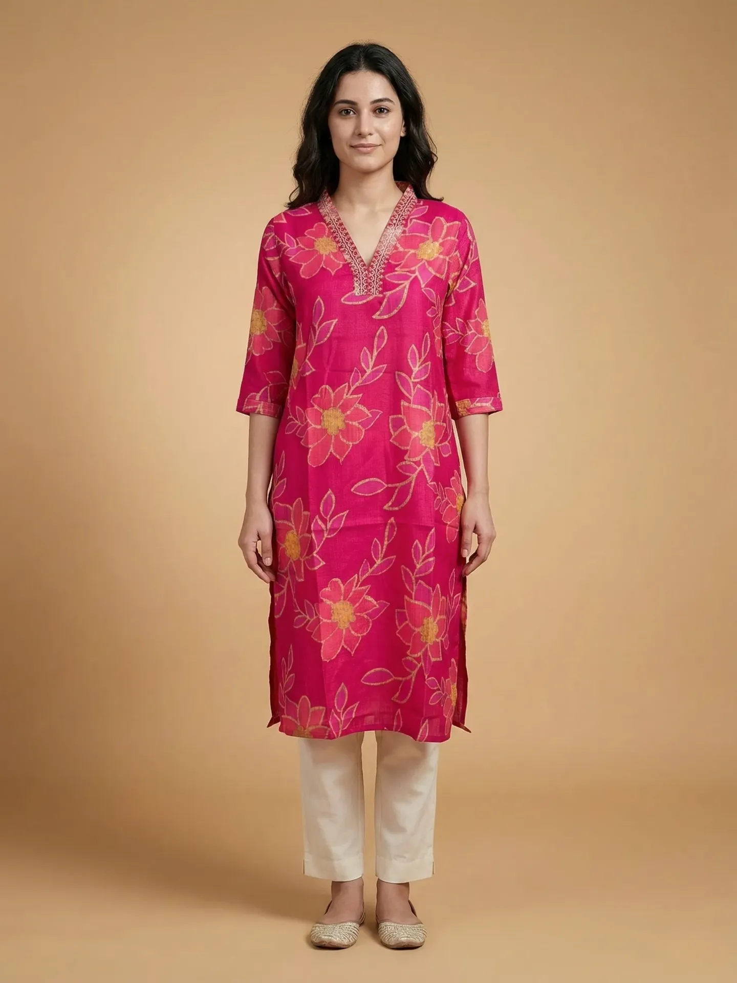 Vrikaa Rani Pink Floral Printed Straight Kurta | Lila