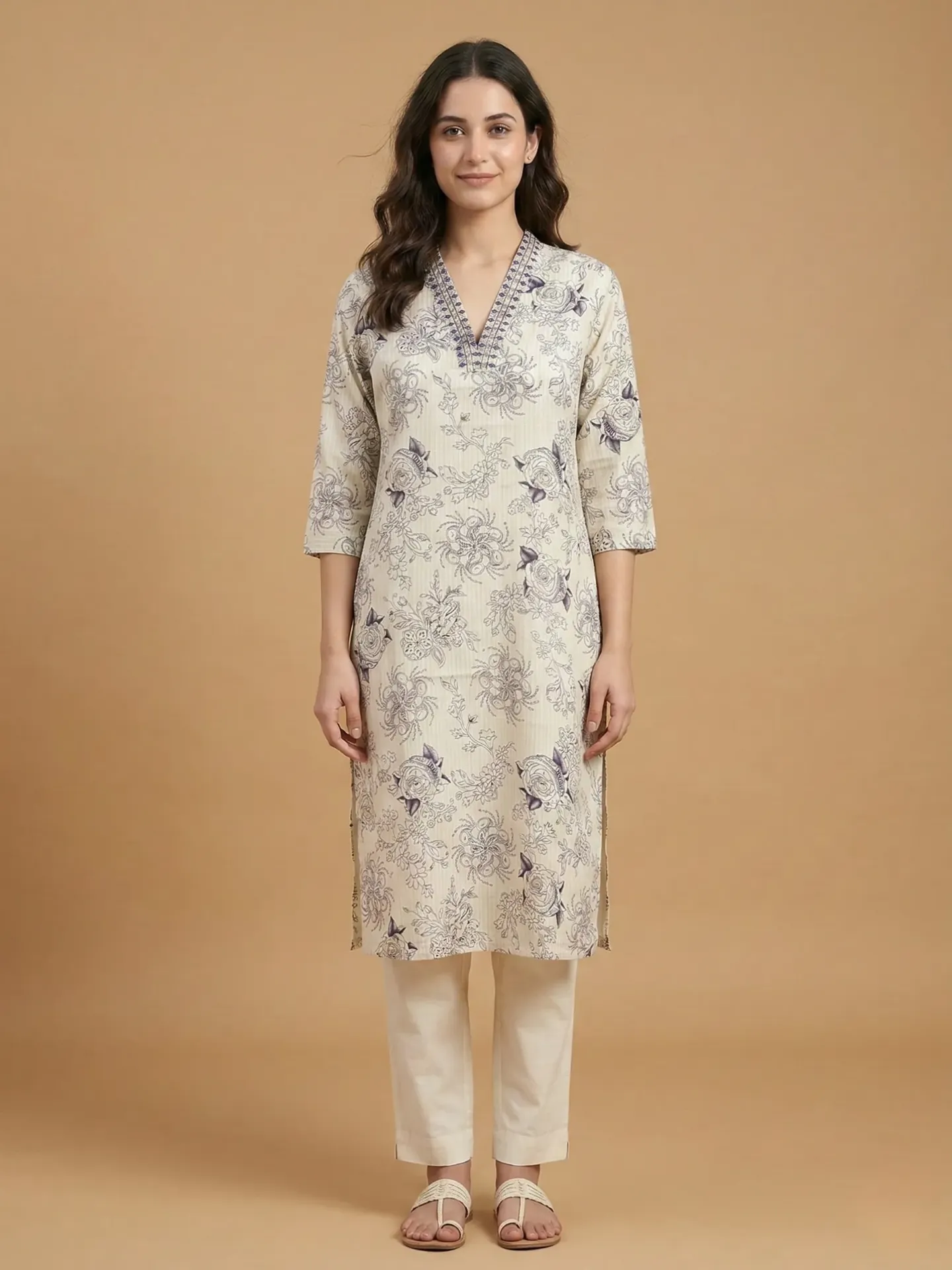 [VK26-LILA-D08-03-S] Vrikaa Ivory Floral Printed Straight Kurta | Lila (S)